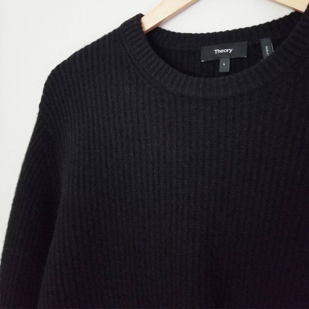 Theory Boxy Long Sleeves Felted Wool Cashmere Rib Sweater in Black Size L $425 - Picture 13 of 16